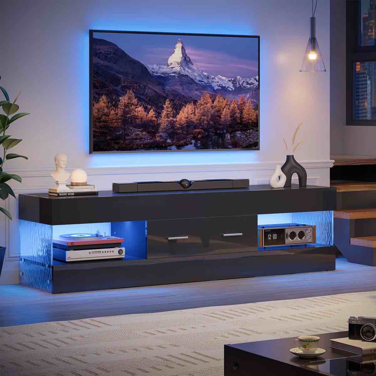 kruszewski glossy tv stand fits tv with drawer and led light stone grain media console