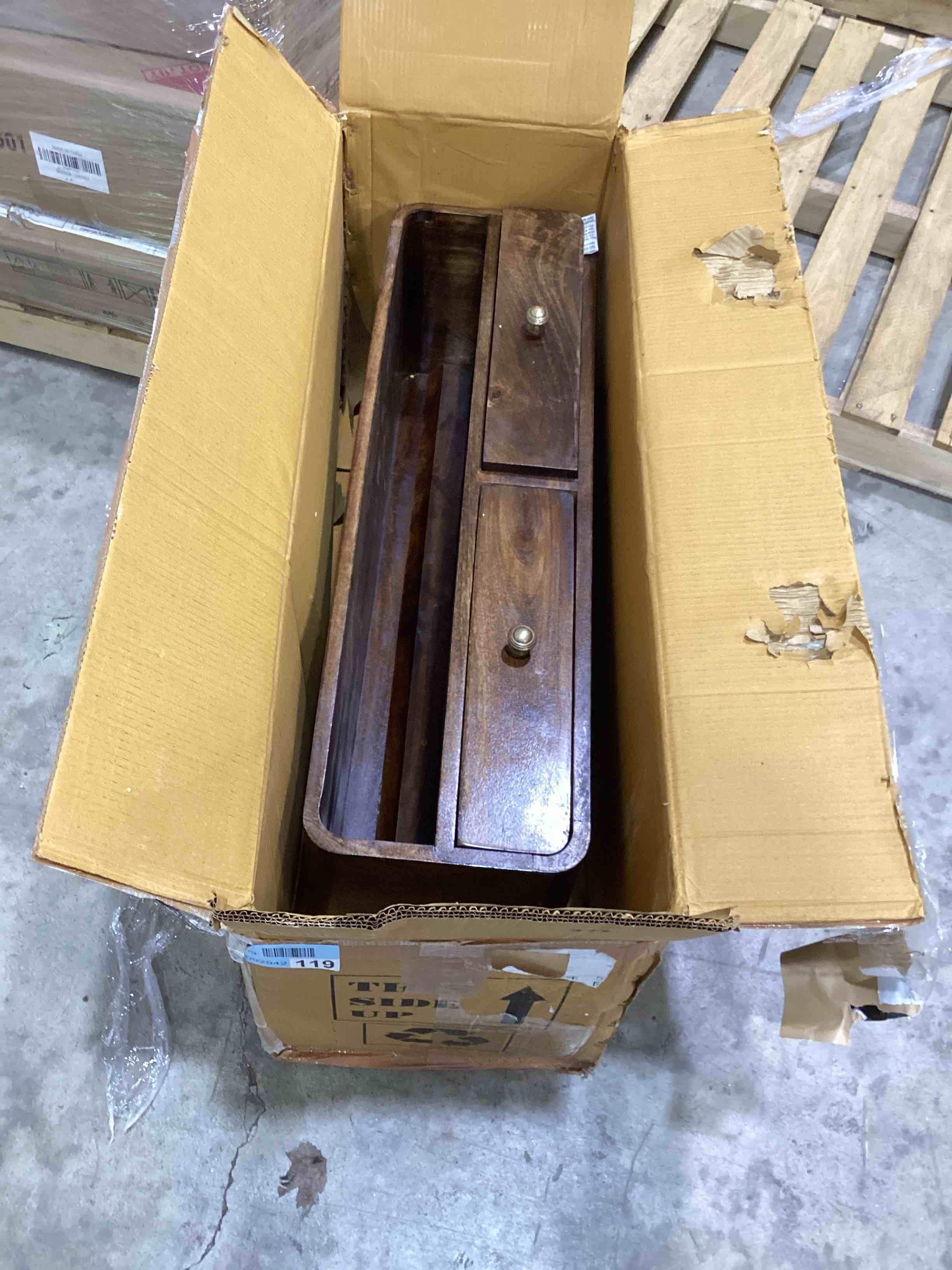 Condition photo showing New/Like New for floating california walnut open console