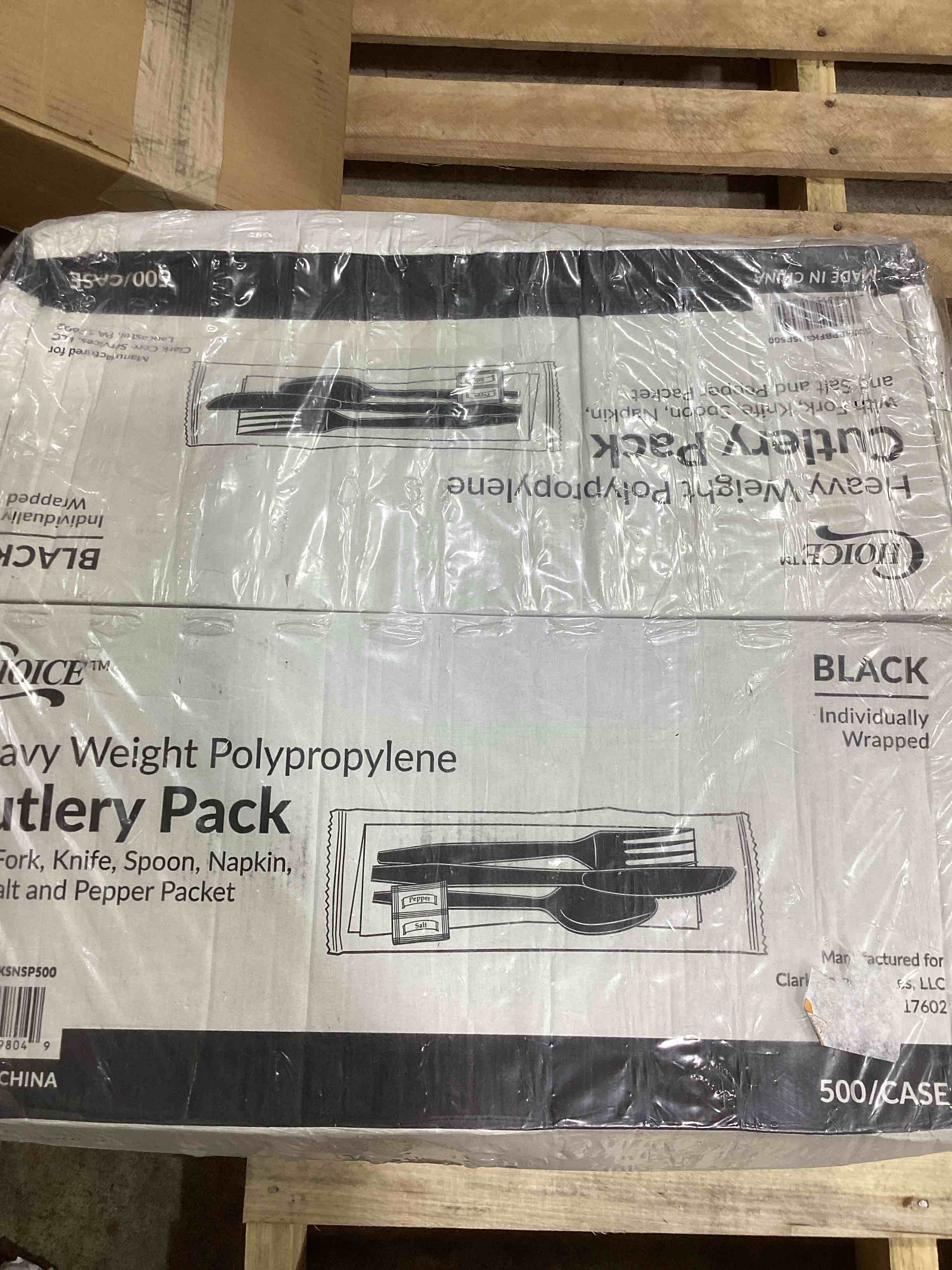 Condition photo showing Good Condition for 500 pack plastic cutlery packets, knife fork spoon napkin salt pepper sets, individually wrapped black plastic cutlery packets for delivery, cafeterias, restaurants set of 2