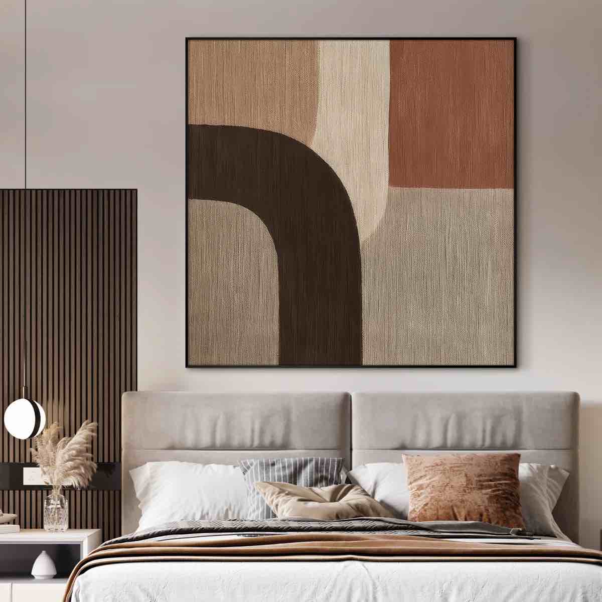 Condition photo showing Good Condition for extra large wall art fabric print - minimal earth-tone geometric shapes in brown and beige artwork decor for living room or bedroom - "frame assembly required (unfinished frame)"