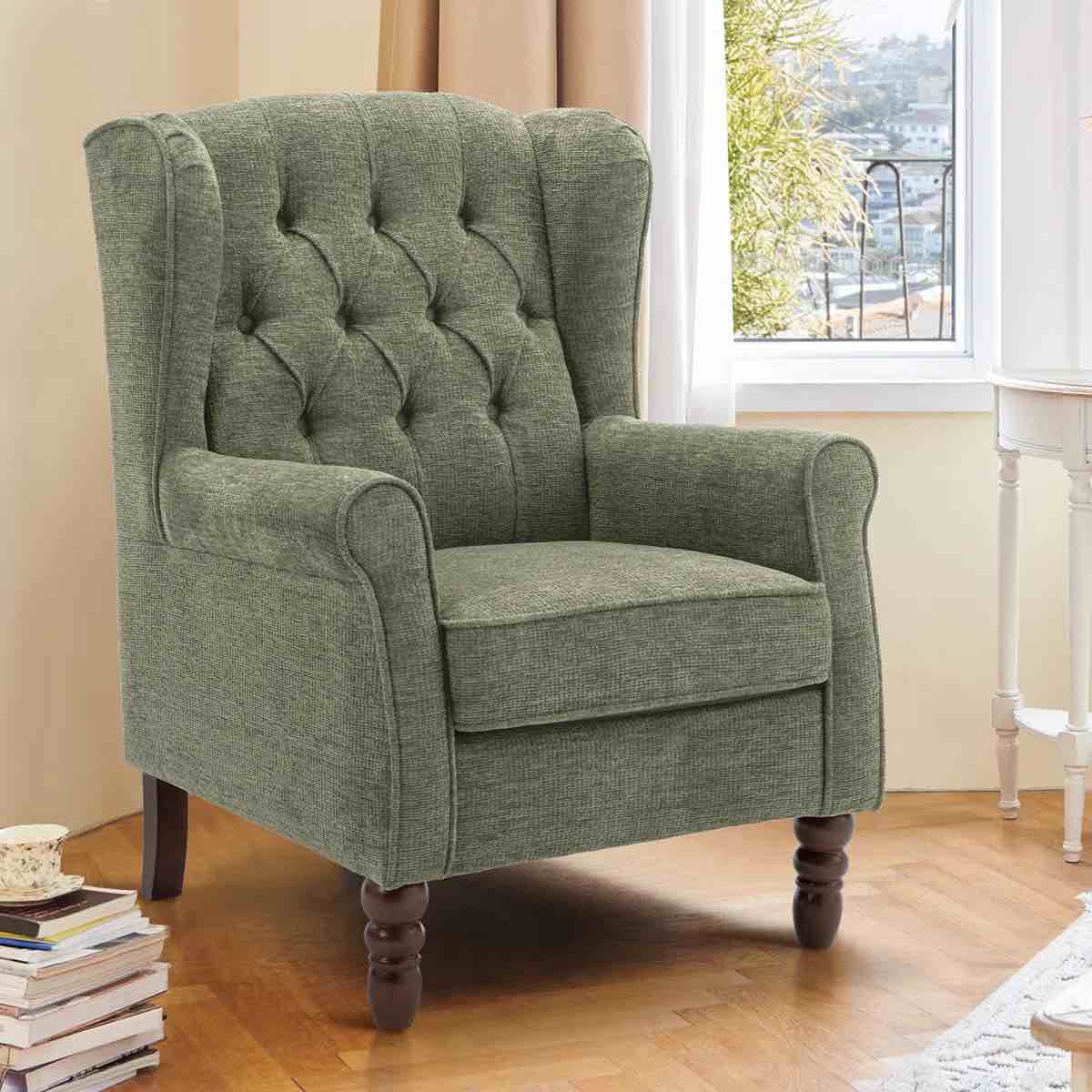 button-tufted small wingback accent chair with rolled arm and thick padded cushion