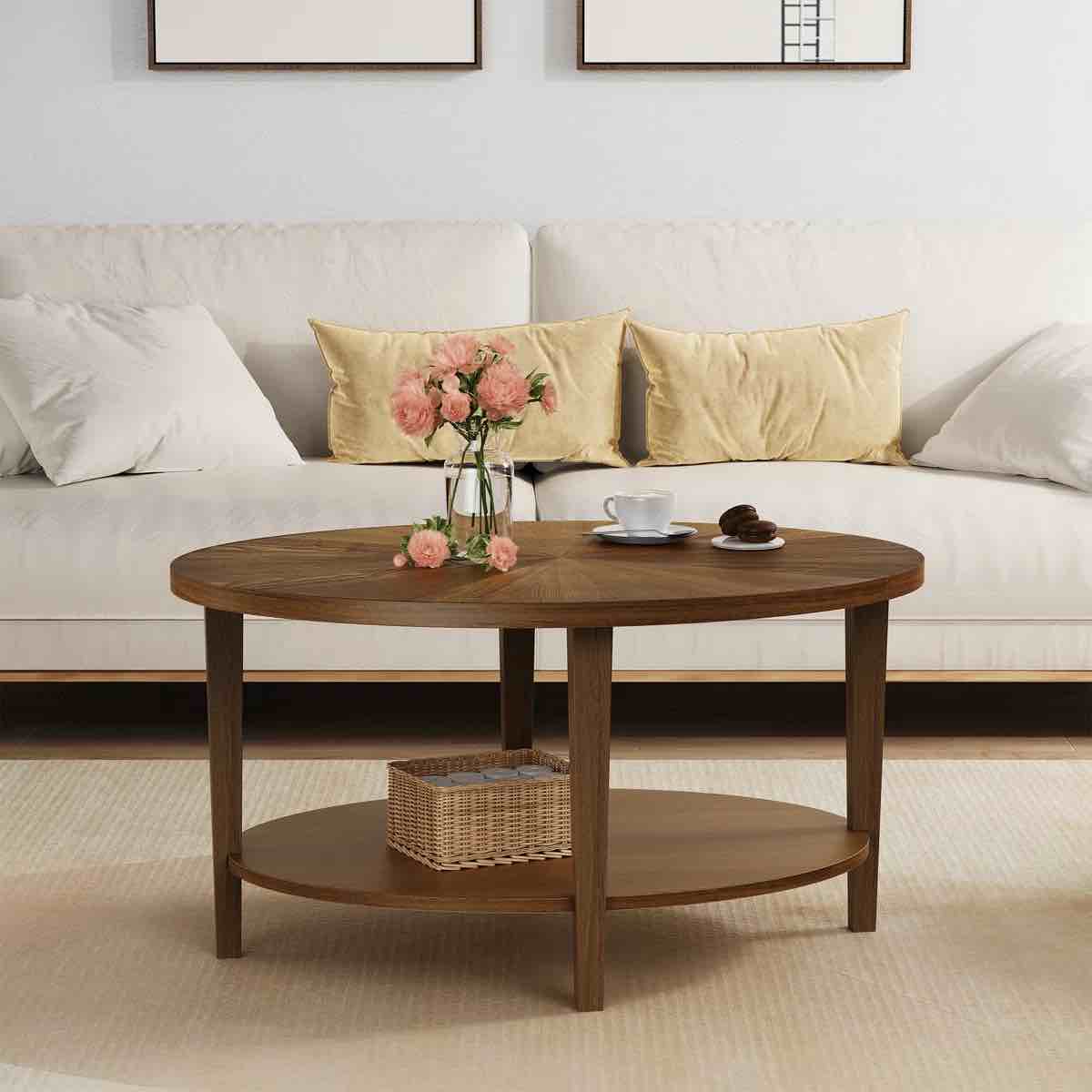 solid wood oval coffee table with 2-tier storage, mid-century modern