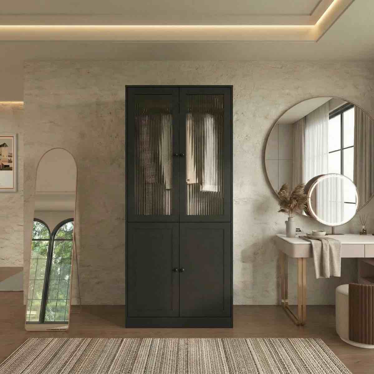 20" d armoire wardrobe closet with fluted glass, 71" h clothing storage cabinet with hanging rod and soft-close doors