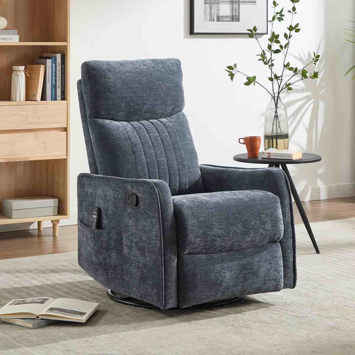 lila 26.37" w manual swivel rocker recliner, swivel chair with heated massage black faux leather