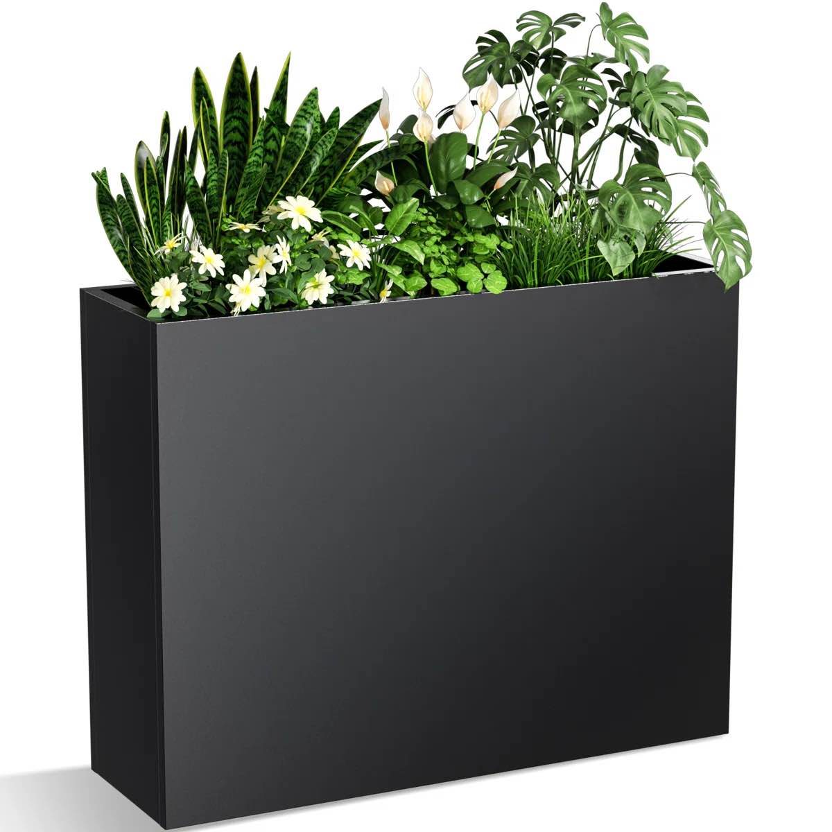 metallic heavy long and large outdoor/indoor planter, rectangular trough planter box, 40pounds powder coating modern commercial residential for patio, deck, yard, garden