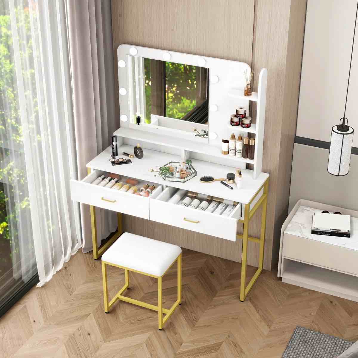 vanity desk with mirror and lights, makeup vanity set with 2 drawers & 3 open shelves, vanity table with stool, brightness adjustable, for bedroom, dressing room