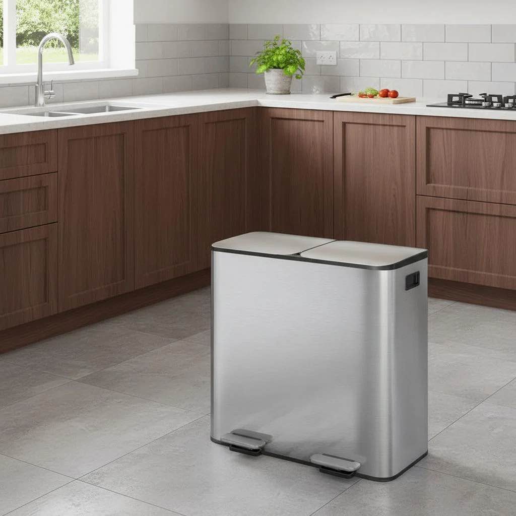 stainless steel double trash can with lid for kitchen, large dual trash and recycle bin combo, step-on kitchen metal garbage cans, pp inner buckets, liner rim