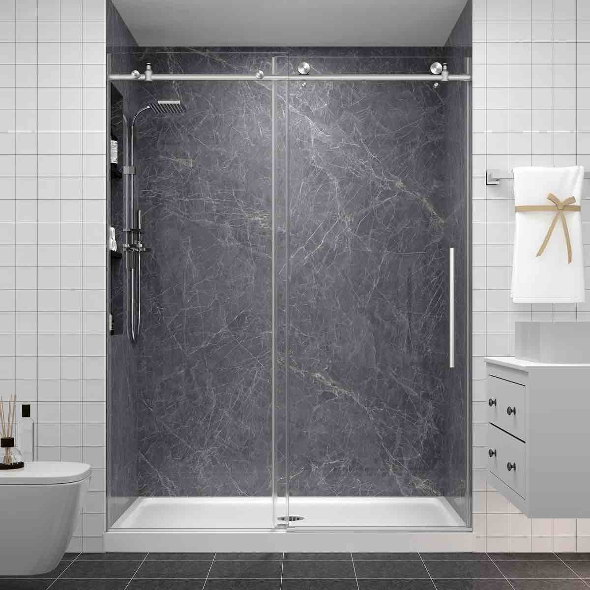 55"-60" w x 76" h single sliding frameless shower door with 1/4" (6mm) clear tempered glass, soft-close, easy-clean coating, explosion-proof film, stainless steel accessories ews9811b6076bn