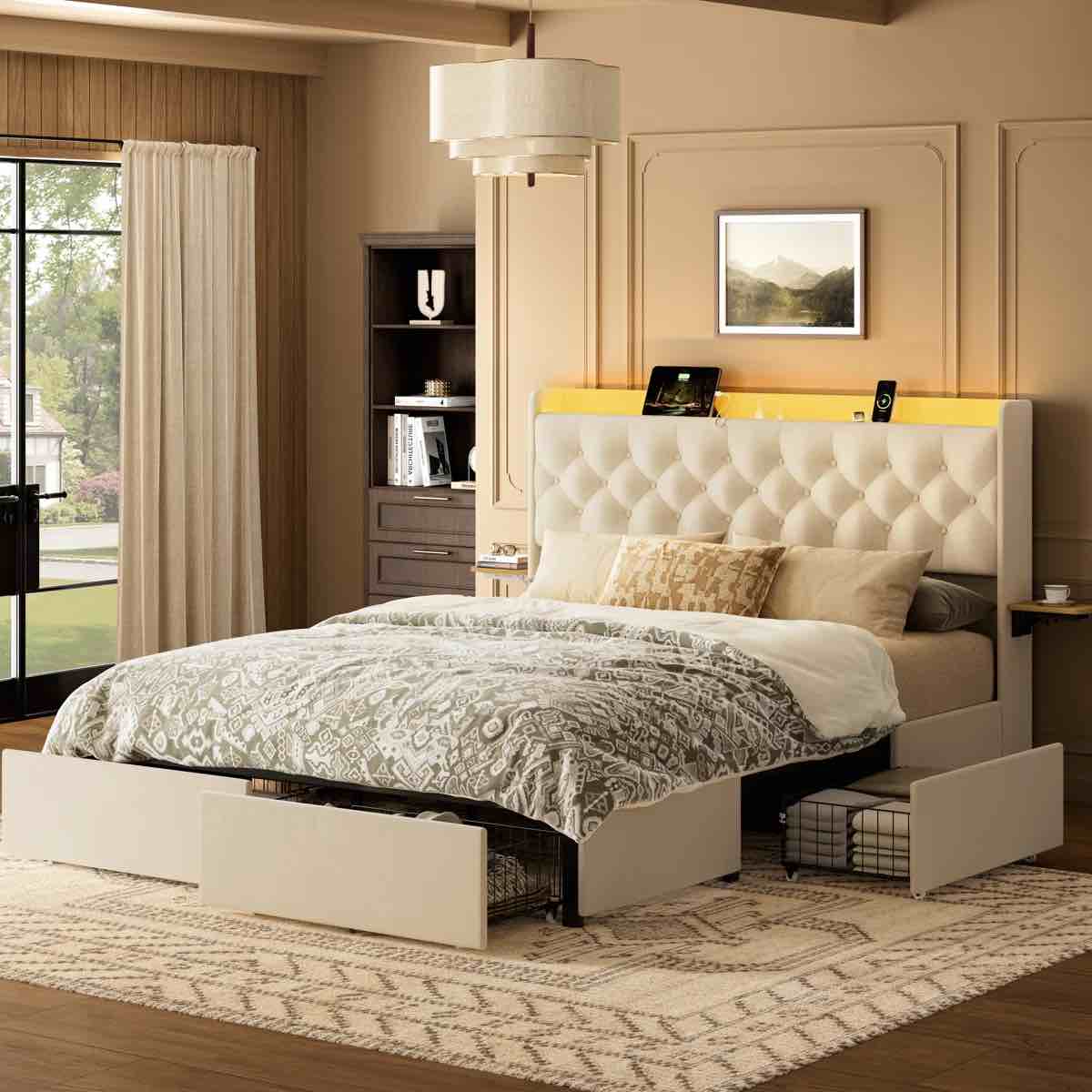 coba upholstered platform bed with storage drawers and charging station