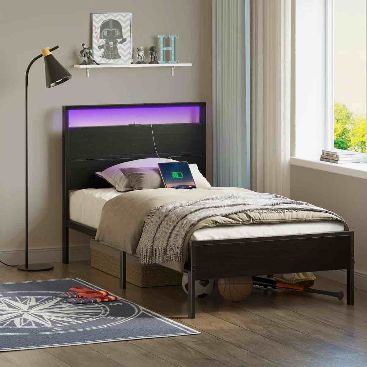 Deviana Deviana Metal Bed with Headboard & Footboard and Charging Station, LED Light Included Twin Black