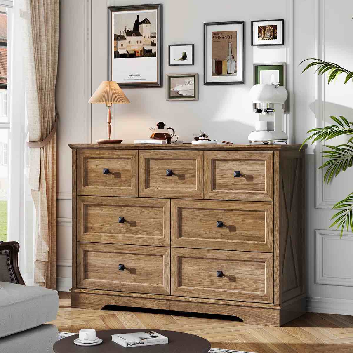 Farmhouse 7 Drawer Bedroom Dresser, Wood Tall Chest of Drawers, Closet Storage for Bedroom Brown