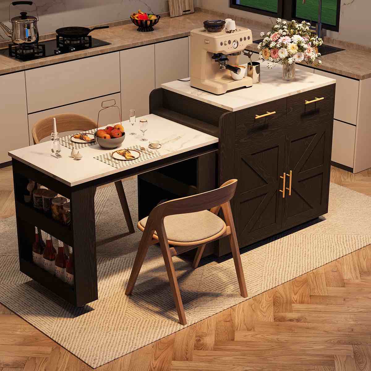 Latitude Run 70.8" Transitional Style Kitchen Island With Extendable Dining Table For 2-4 People, Rolling Kitchen Island Table With Storage And Charging Station	