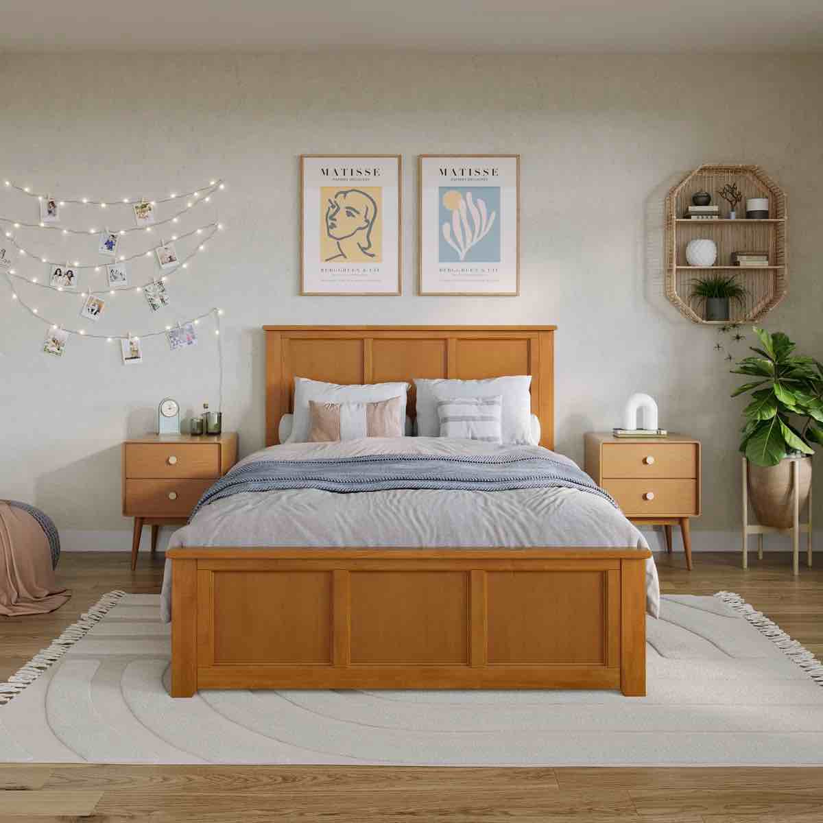 amear solid wood foundation bed with matching footboard and built-in usb charger