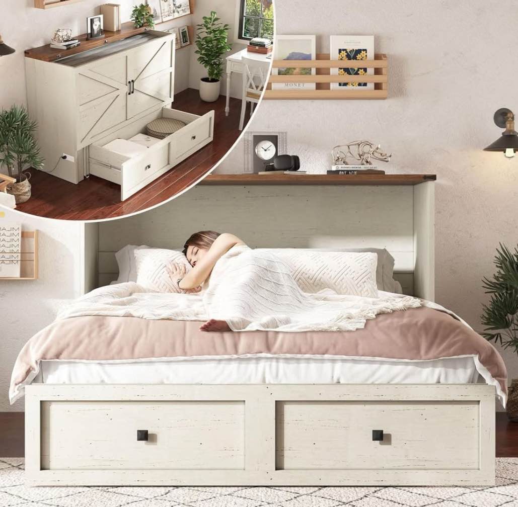 Queen Murphy Bed Cabinet with Charging Station & Large Storage Drawer, Foldable Panel Design, Hidden Space, Space-saving Cube Cabinet Bed Frame for Guest Room, Living Room, Office (No Mattress Included)