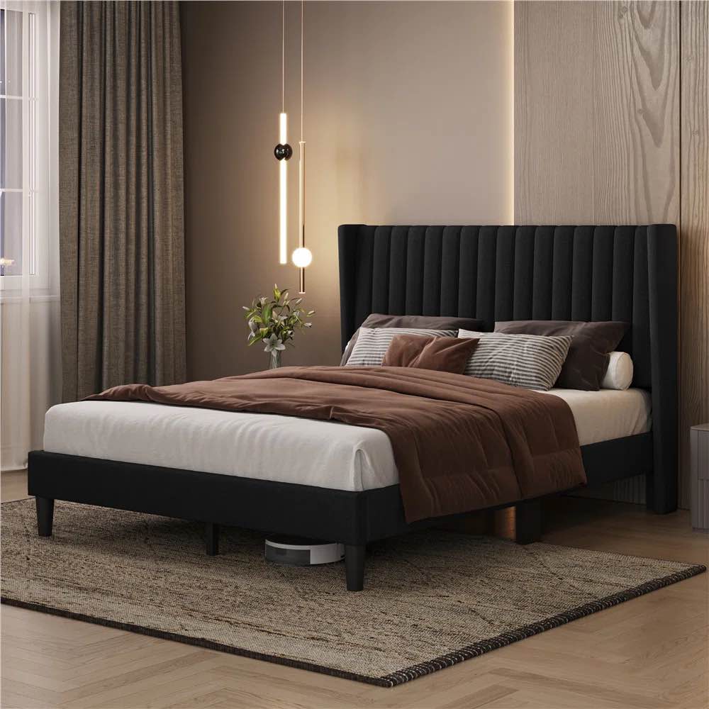 Upholstered Bed Frame with Wing Side By Latitude Run Black