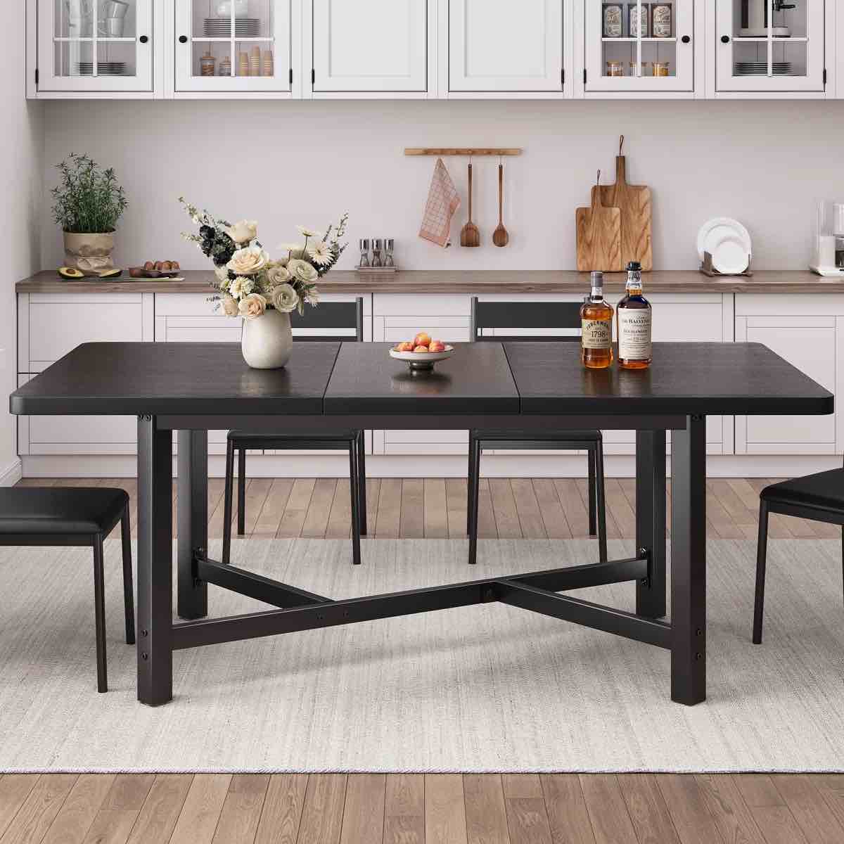 aveline extendable dining table 47" to 63" - expandable table with x-brace metal legs, smooth glide mechanism, seats 6-8, space saving for small areas