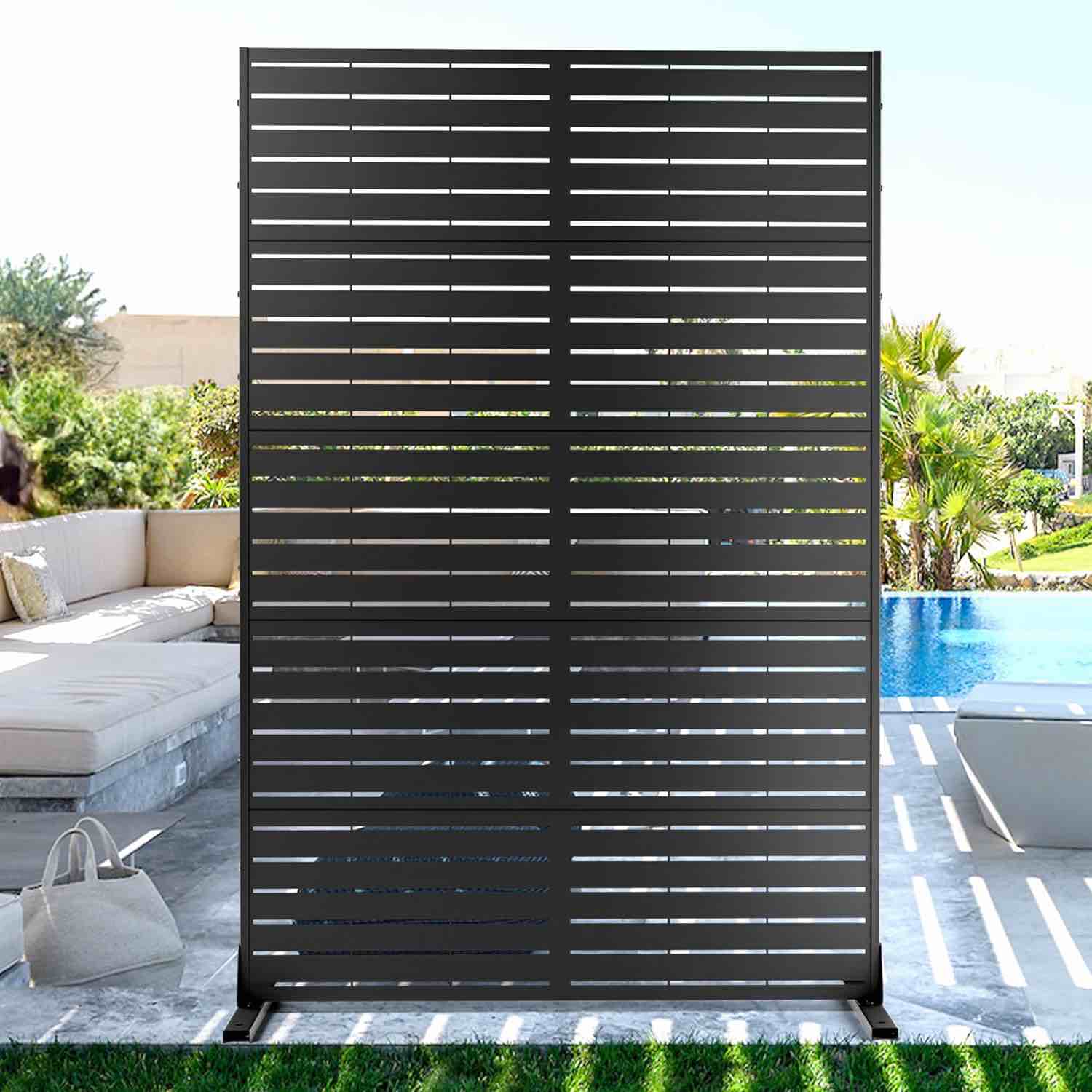 metal privacy screen outdoor privacy screen 72"h×47"w, freestanding decorative privacy screen for balcony patio lawn garden, privacy fence privacy panel-black&louvered