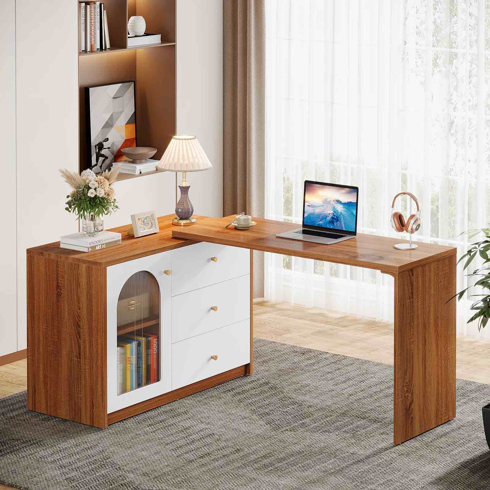 l-shaped computer desk, corner office desk with reversible storage cabinet