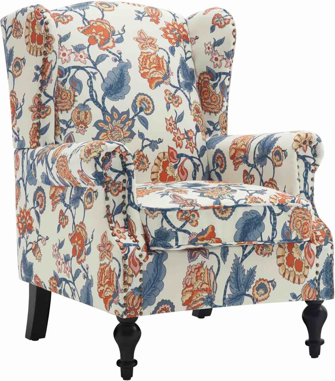 Floral Accent Chair, Wingback Accent Side Chair with Arms, Comfy Armchair with Vintage Wooden Legs and Nailhead Trim for Living Room Bedroom, Orange