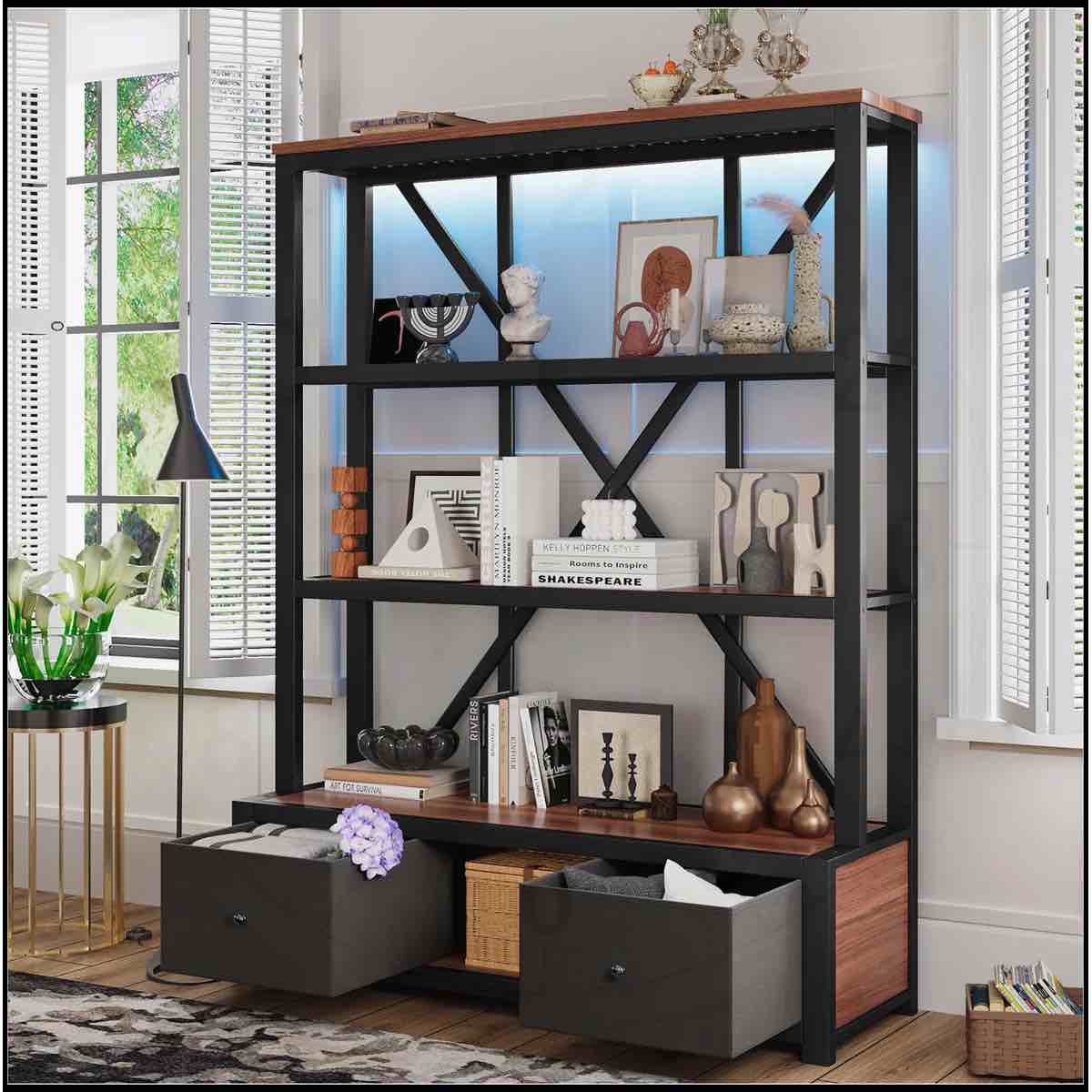 3-Shelf Metal Bookcase with Drawers, Open Design for Home Office, Vintage Industrial Style with LED Lighting By 17 Stories