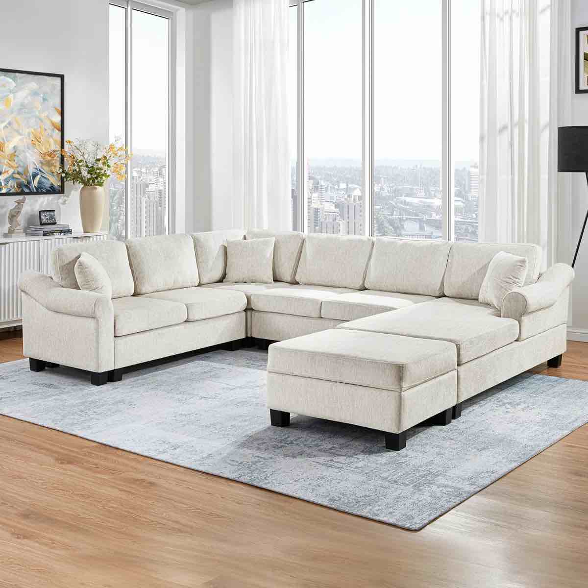 Sectional Sofa 111.8" U-shaped Sofa Chenille Upholstered Sofa Couch with Movable Storage Ottoman for Living Room By Hokku Designs
