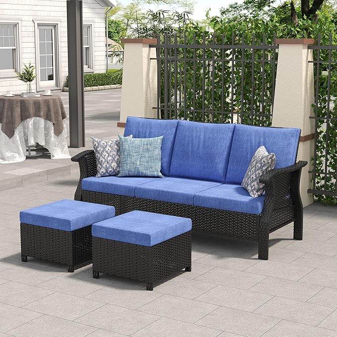 Manual Weaving Wicker Patio Furniture Set Patio Couch All Weather High Back Black Rattan Three Seats Outdoor Sofa Set with Ottomansf or Backyard, Garden, Balcony, Poolside Denim Blue