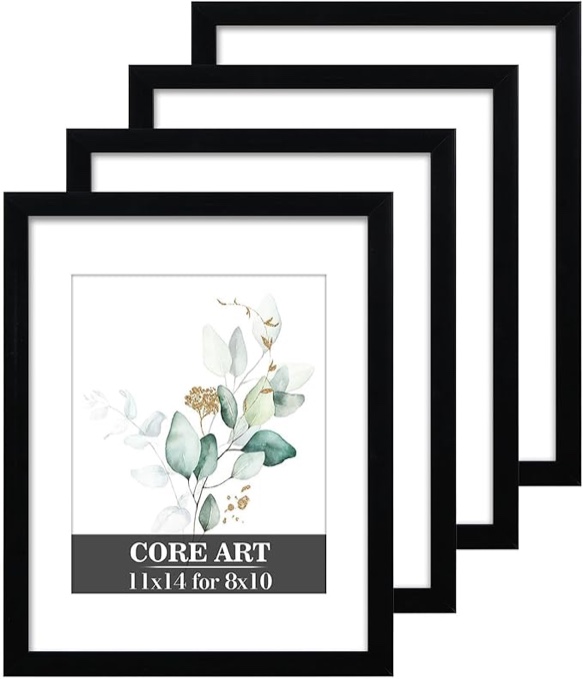 CORE ART 11x14 Picture Frame, Black Picture Frames 8x10 with Mat or 11 x 14 without Mat for Wall or Tabletop Display, Photo Frame Set of 4