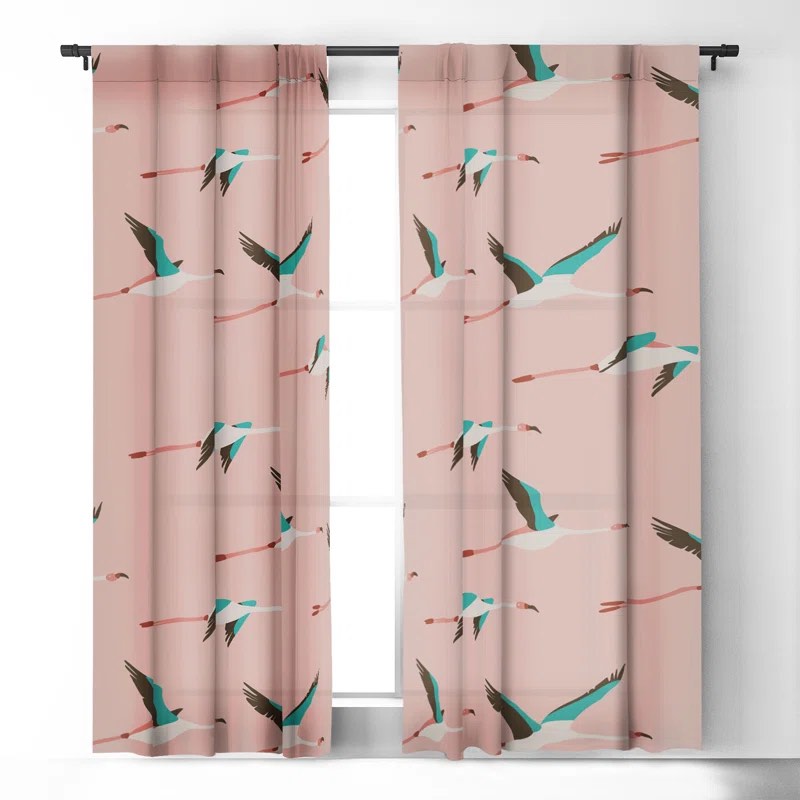 Flamingo, pink sheer Curtain Pair (Set of 2) 50” W x 96” L