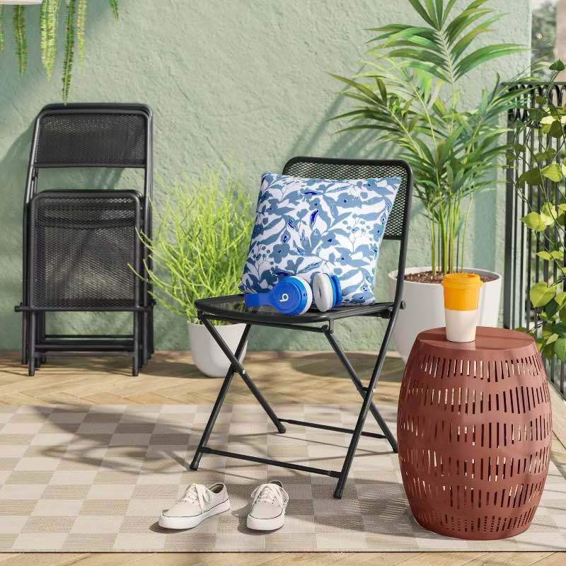 1pc Metal Mesh Outdoor Portable Patio Folding Chair Black - Room Essentials 