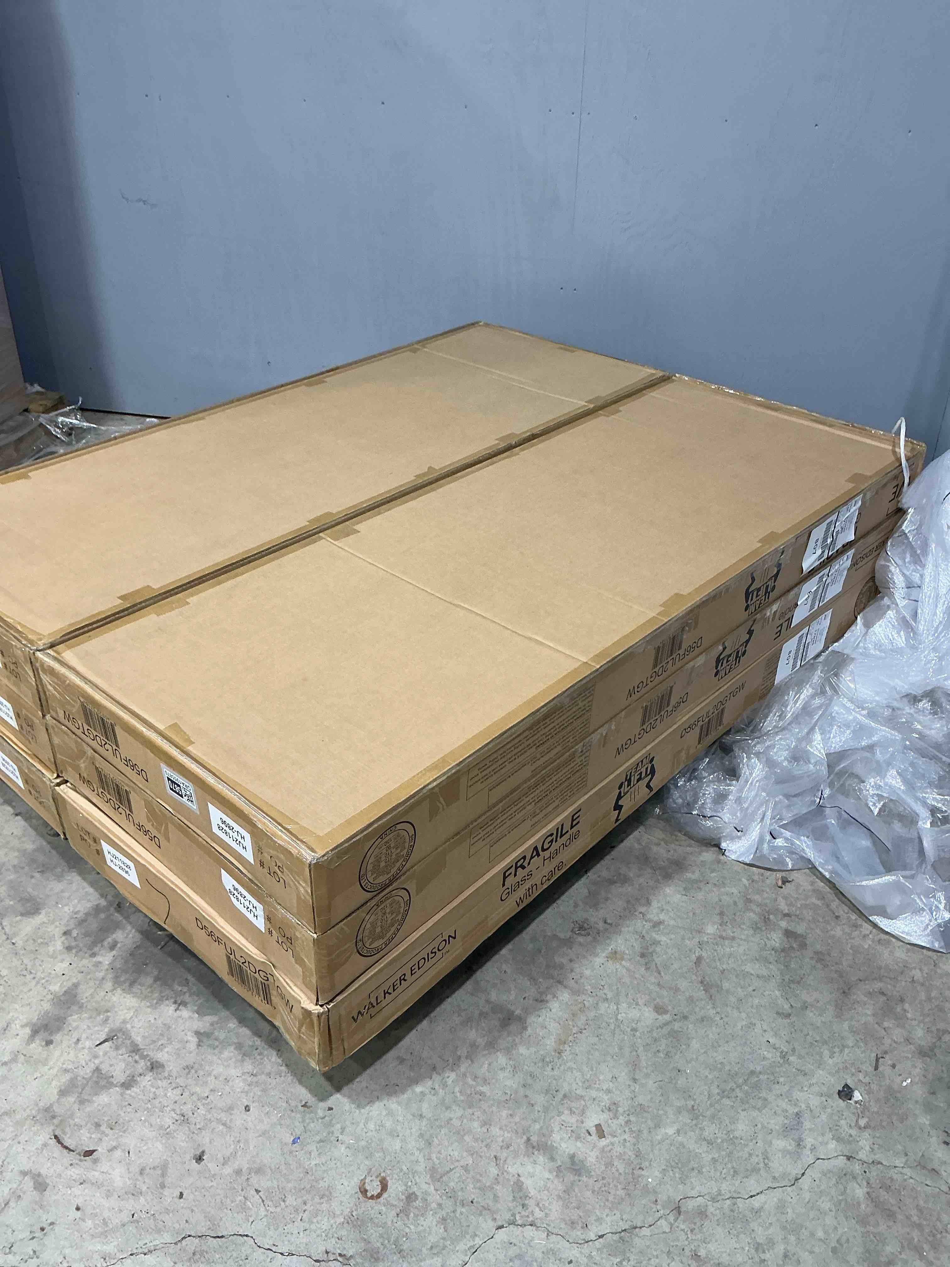 Condition photo showing New/Like New for Walker Edison Writing Desk, 56, Glass Top 2 Drawer Computer, 56 Inch, Grey Wash