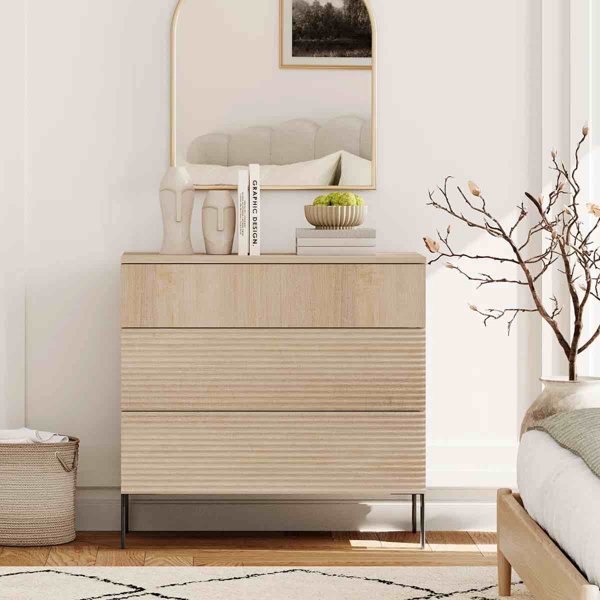 union rustic 3 drawer dresser for bedroom, minimalist chest of drawers with storage, wooden modern dresser for living room, bedroom, entryway
