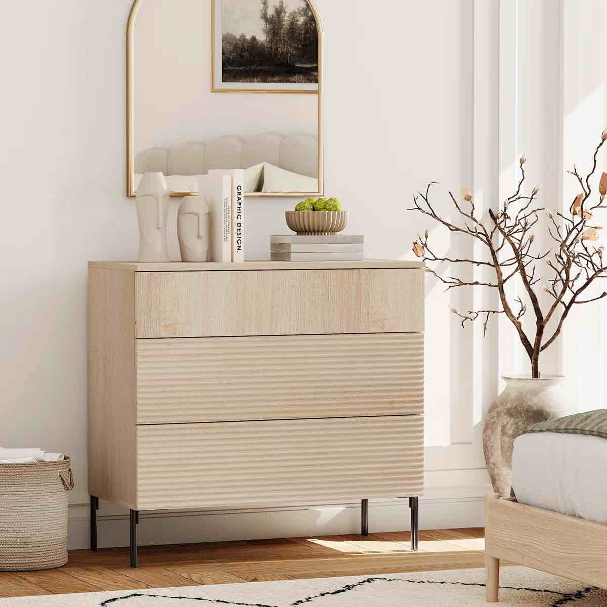 Condition photo showing Good Condition for Union Rustic 3 Drawer Dresser For Bedroom, Minimalist Chest Of Drawers With Storage, Wooden Modern Dresser For Living Room, Bedroom, Entryway