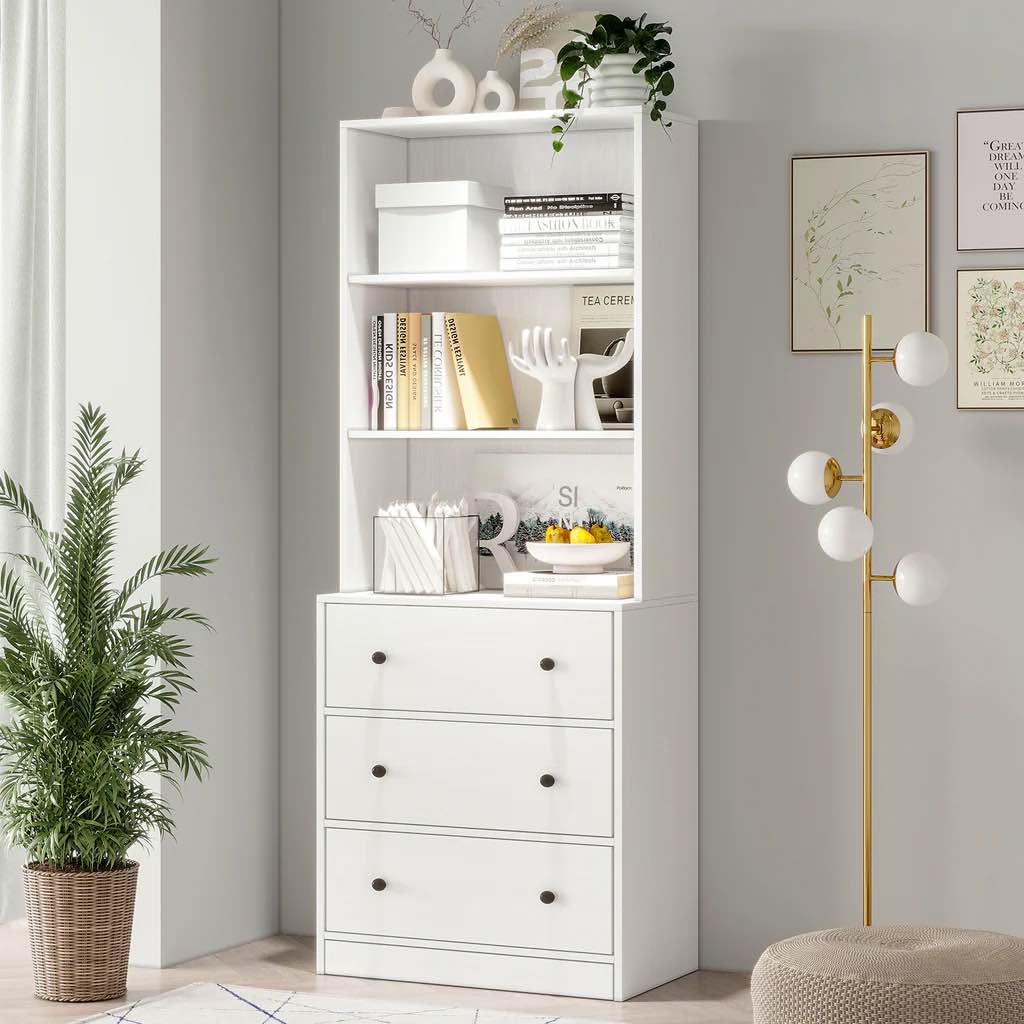 Condition photo showing New/Like New for RichYa 71'' Tall Bookcase with 3 Drawers,3 Tier Display Bookshelves for Home Office,Living Room,White
