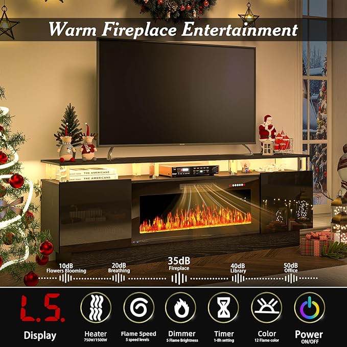 Condition photo showing Good Condition for BOSSIN 70" Fireplace TV Stand with 36“ Electric Fireplace, LED Light Entertainment Center with Storage Cabinets, Modern 2-Tier TV Console Stand with 8 Acrylic Column for TVs Up to 80”, Black