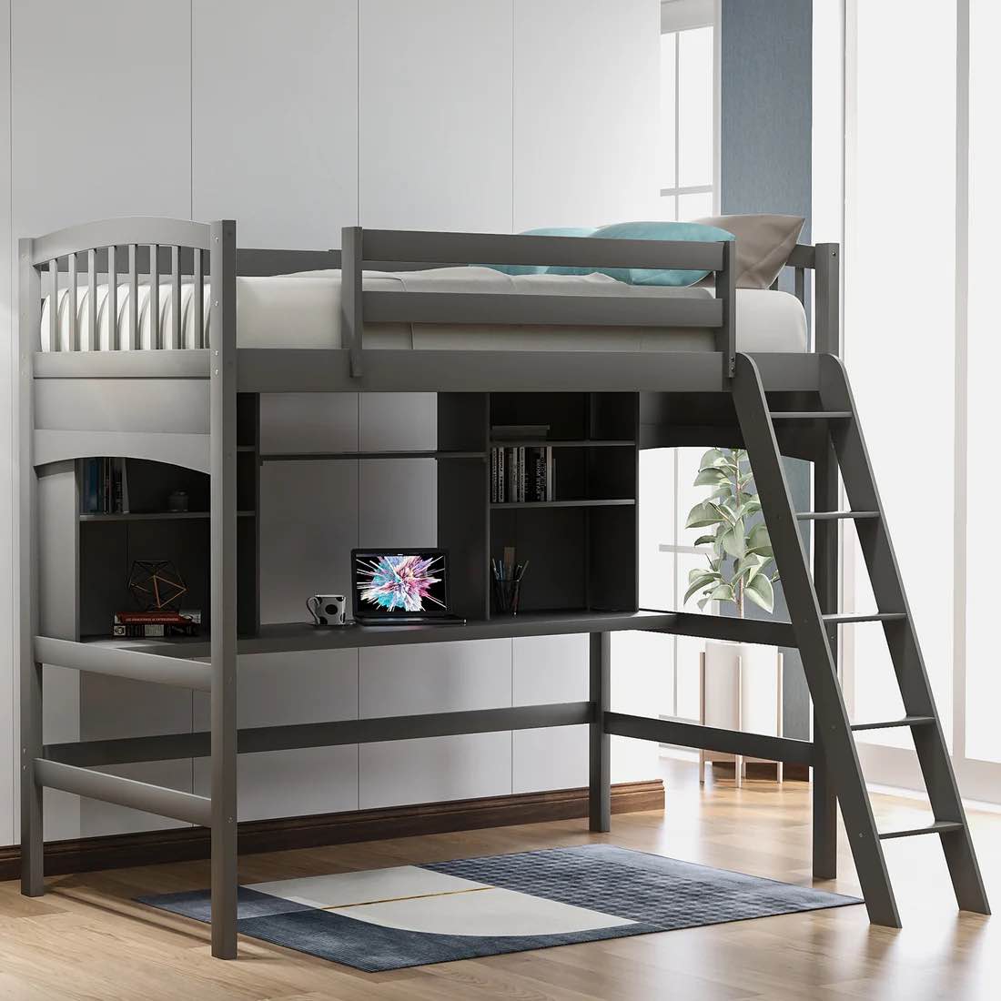 Condition photo showing New/Like New for Twin size Loft Bed with Storage Shelves; Desk and Ladder Gray