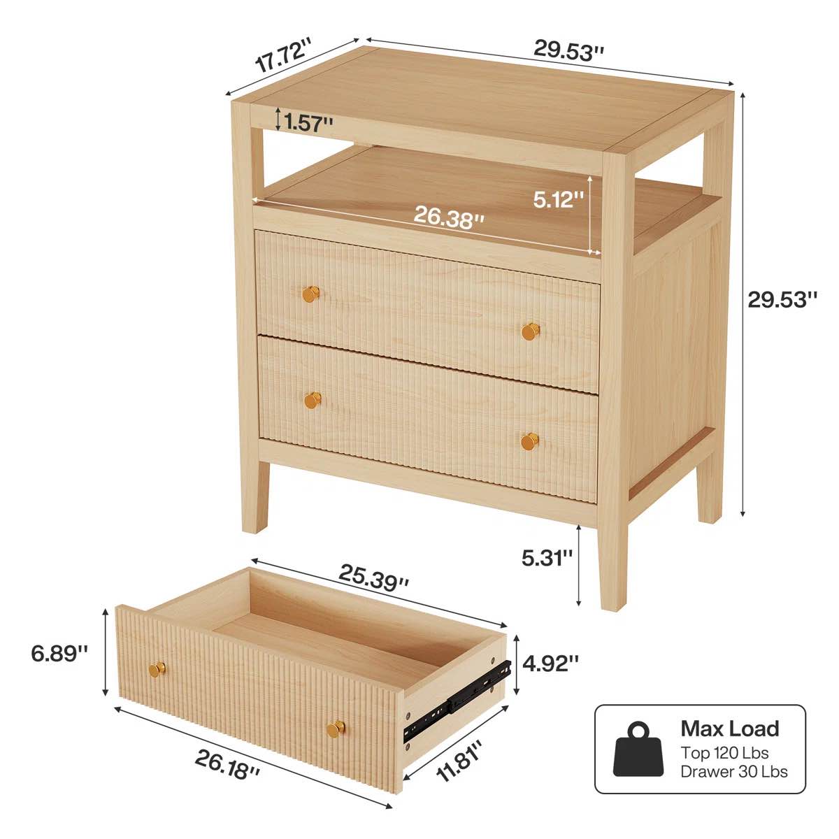 Condition photo showing As Is for Farmhouse 2-Drawer Nightstand with Open Shelf, Modern Bedside Table in Oak By Mercer41
