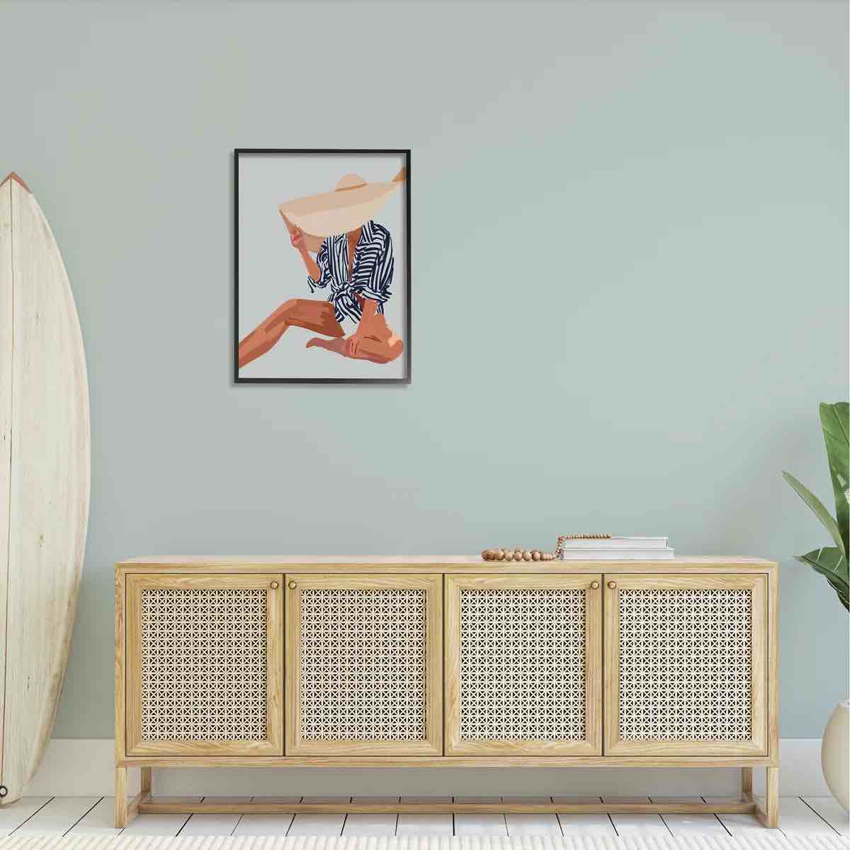 Condition photo showing As Is for Woman Obscured By Sun Hat Summer Beach Portrait Black Framed Giclee Texturized Art by Amelia Noyes By Stupell Industries