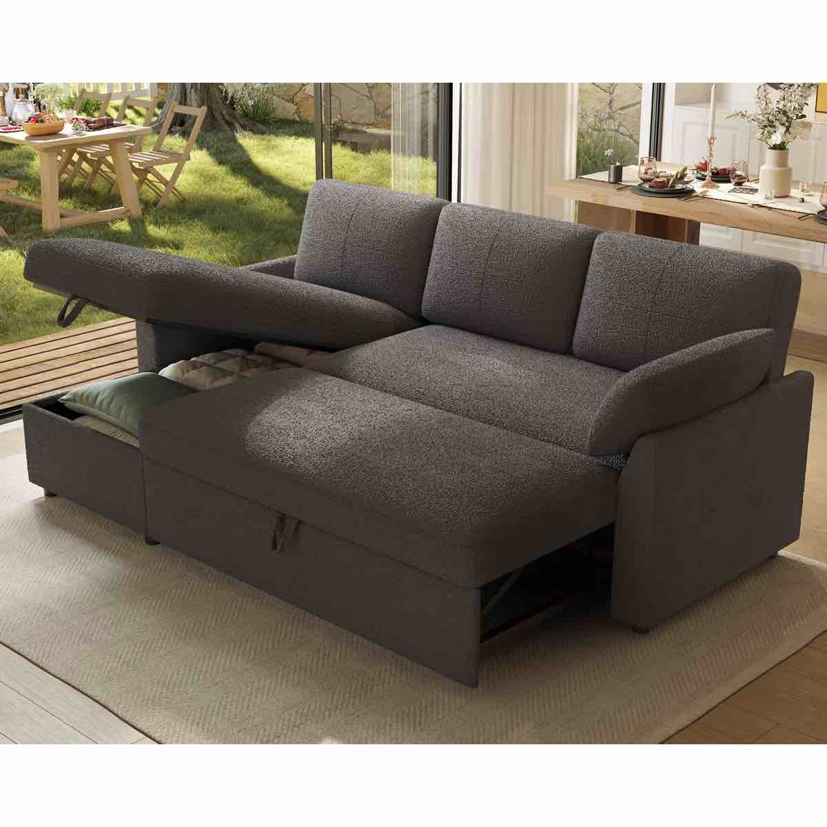 Sleeper Sectional Sofa with Pull-out Bed and Storage Chaise, Bouclé Upholstery – Modern Cozy Fabric for Living Room