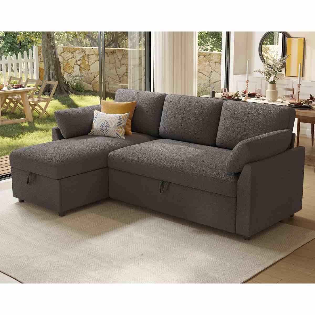 Condition photo showing As Is for Sleeper Sectional Sofa with Pull-out Bed and Storage Chaise, Bouclé Upholstery – Modern Cozy Fabric for Living Room