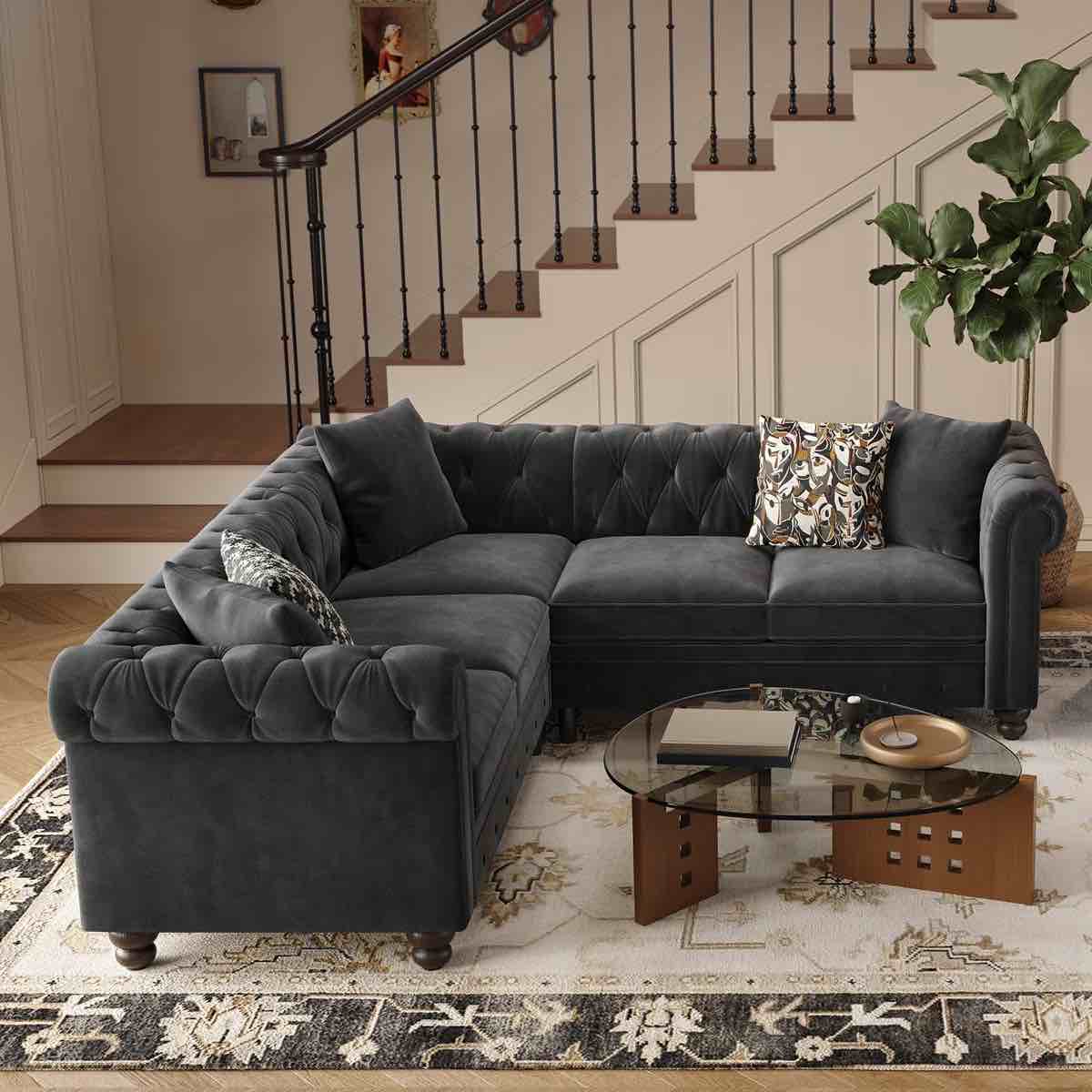 Condition photo showing As Is for Chesterfield L Shaped Sofa, Velvet Couch With Rolled Arms By House of Hampton
