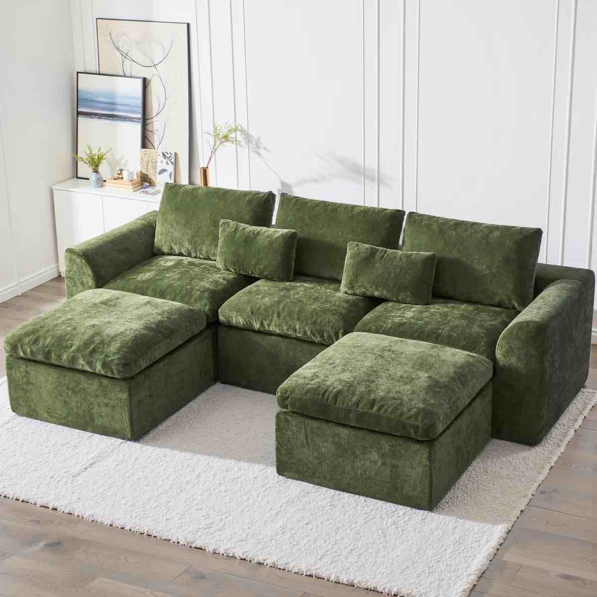 120" Comfy Cloud Couch U Shaped Sectional Sofa, Modular Sectional Sofa, 5-Seater Comfy Cloud Couch with Movable Ottomans, Chenille Sofa Sleeper Deep Seat Couches for Living Room With Two Ottomans