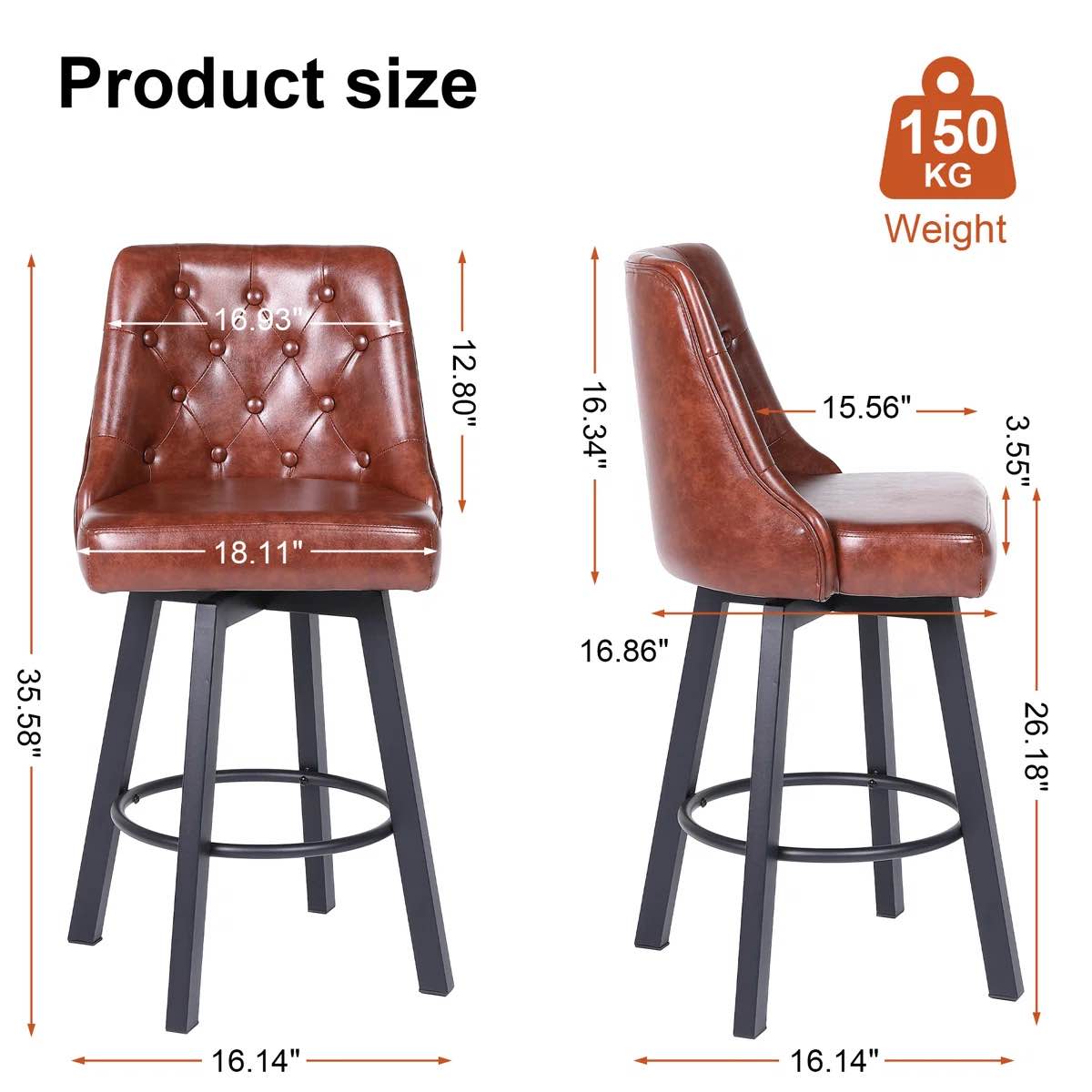 Condition photo showing Good Condition for Bar Stools Set Of 2, Modern Wax Leather Bar Stools, 360° Swivel With Backrest, Thick Waterproof Seat Cushion, Suitable For Bar, Kitchen And Makeup, brown