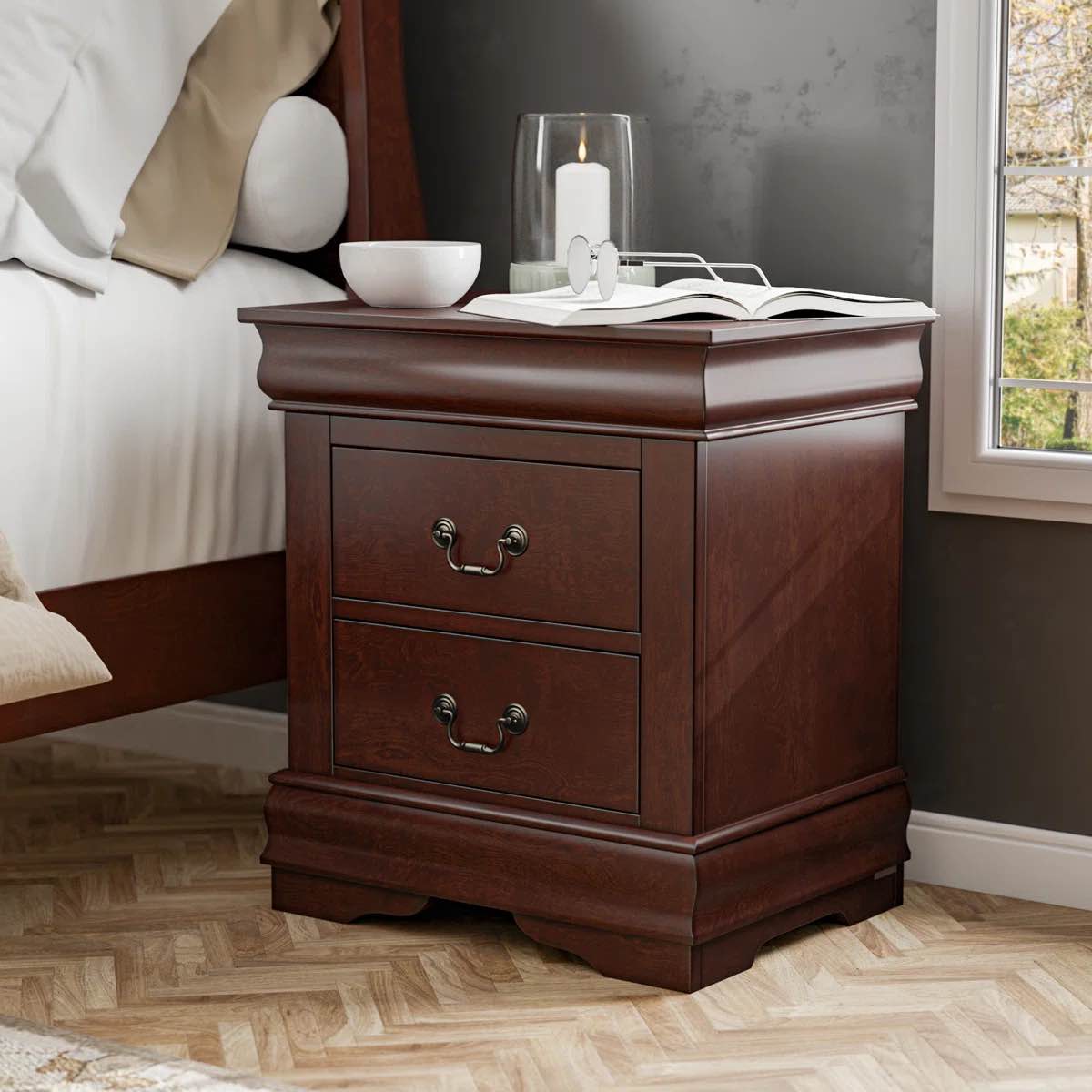 Condition photo showing item condition for Extula 2-Drawer Nightstand By Enitial Lab, Cherry