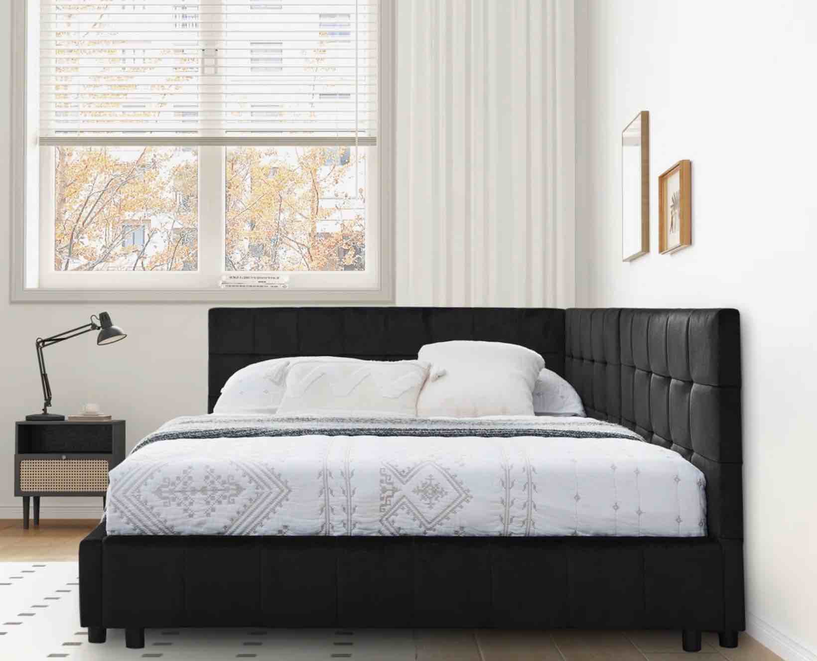 Reversible L-Shape Upholstered Platform Bed With Velvet Fabric Design