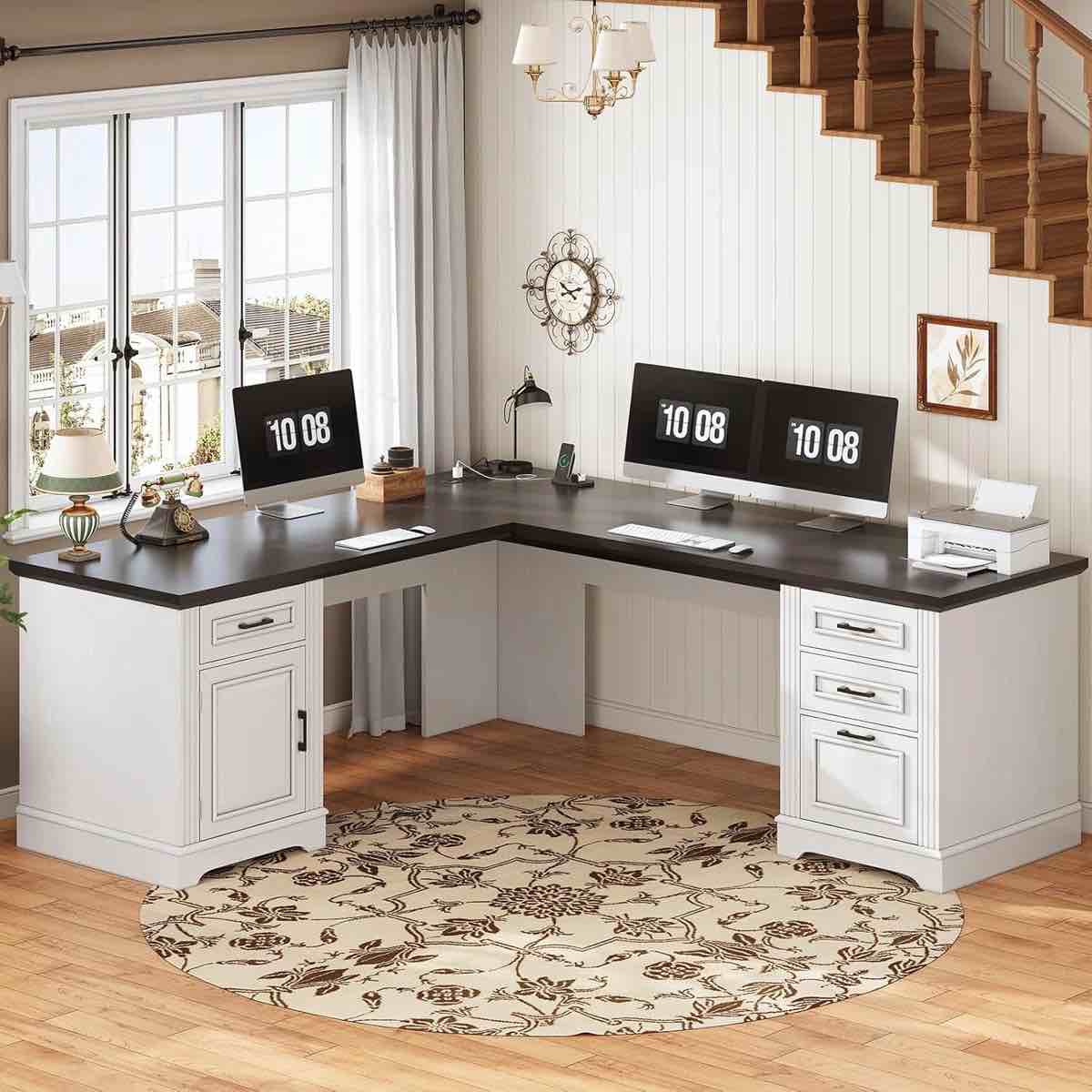 suter l-shaped executive desk with file drawer and power outlet