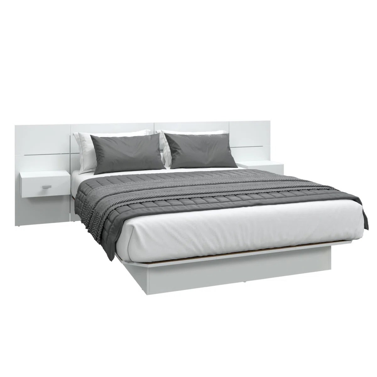 Condition photo showing As Is for Zen Alpha Collection - Platform Bed with Headboard and Nightstands (2) – Easy Assembly, No Box Spring Required