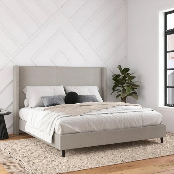 dhp eveline upholstered platform bed frame with high wingback headboard, king, textured gray canvas