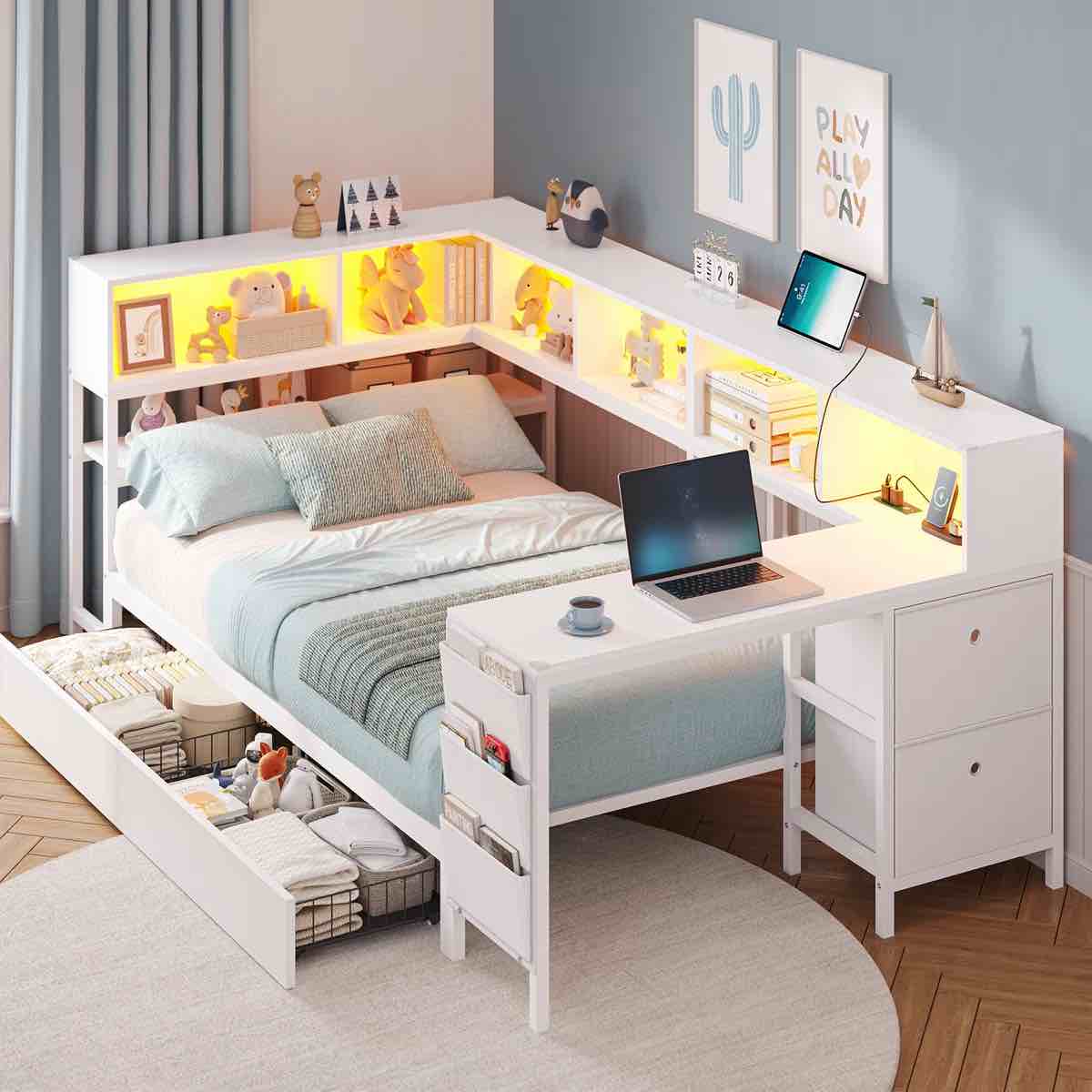 twin size corner bed with bookcase shelves and 2 large drawers,twin daybed with led lights and charging station,corner bed frame with 39.4"l desk,2 fabric drawers & side storage bag,no box spring,white