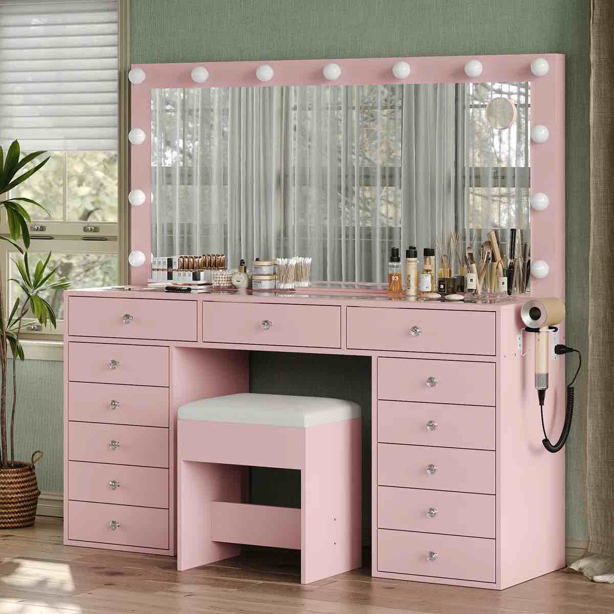 13 drawers vanity desk, makeup vanity with power outlet, vanity table with mirror and 12 led bulbs, 3 color lighting modes, glass top dressing table set