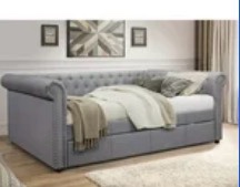 Home Design Venice Full-Size Upholstered Daybed with Pull-Out Trundle, Button-Tufted Back, Nailhead Trim, Modern Sofa Bed for Guest Room, Gray